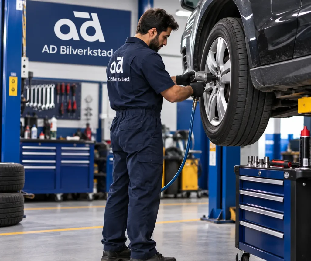 Bilmekaniker utför hjulservice hos Automagnet AD Bilverkstad