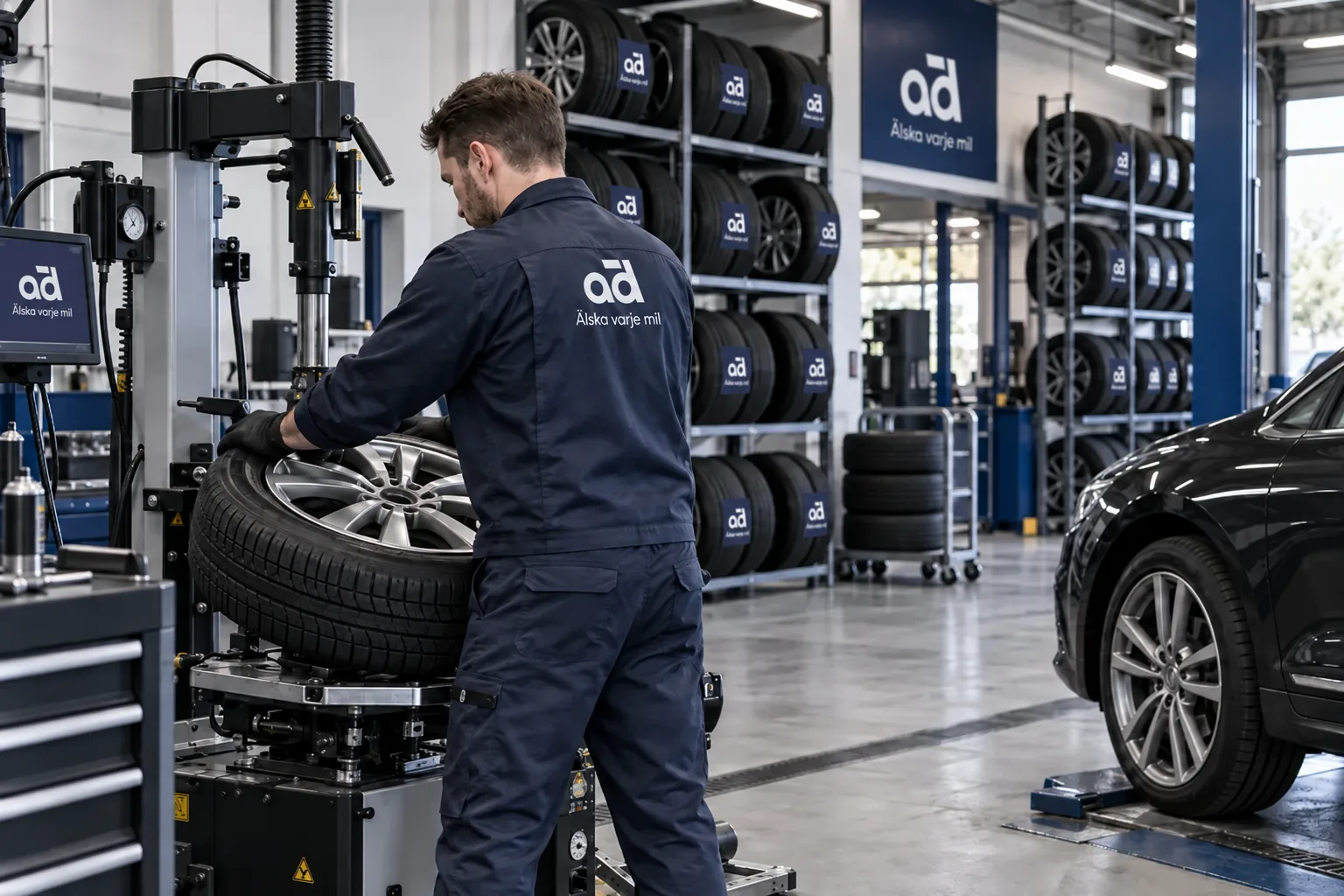 Bilmekaniker utför däckservice vid däckhotell hos Automagnet AD Bilverkstad i Västra Frölunda