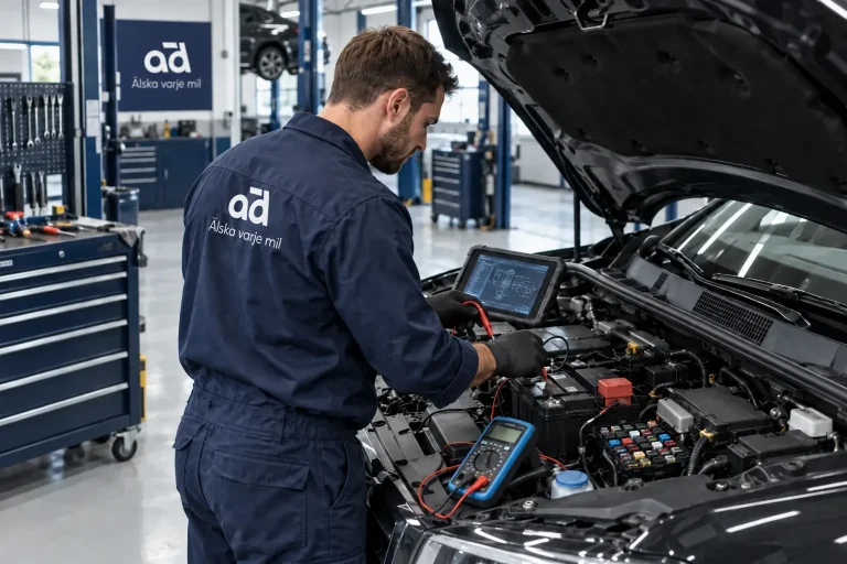 Bilmekaniker kontrollerar bilens batteri, säkringar och elsystem hos Automagnet i Västra Frölunda