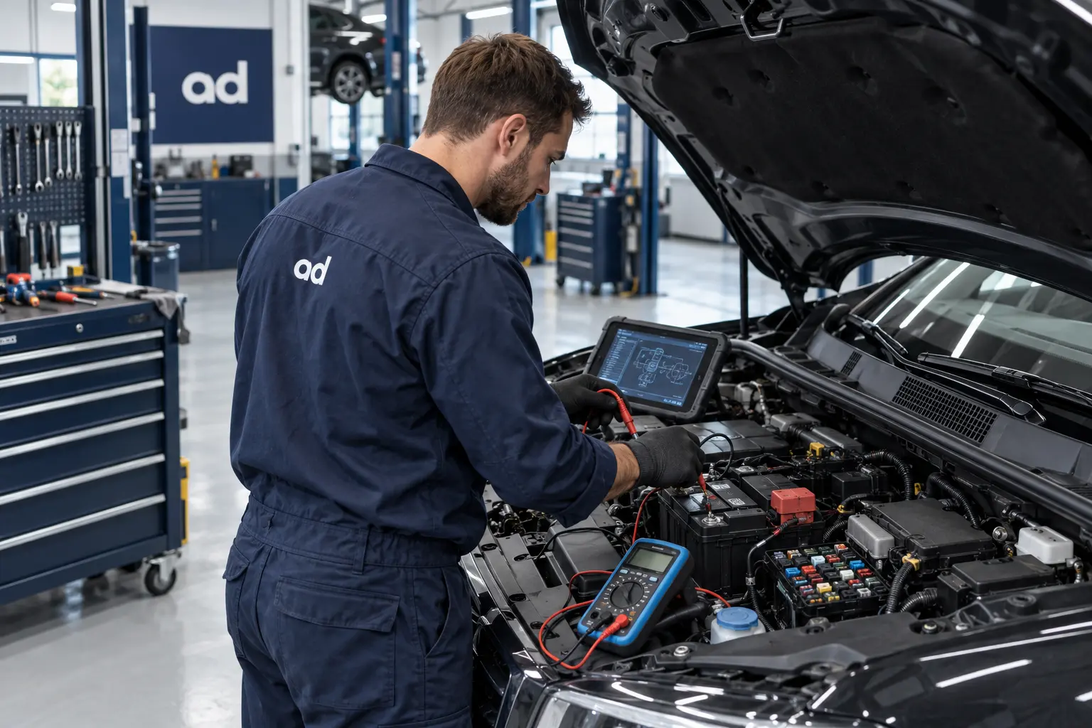 Bilmekaniker kontrollerar bilens batteri, säkringar och elsystem hos Automagnet i Västra Frölunda