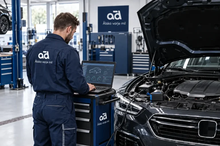 Bilmekaniker utför datorbaserad felsökning på en bil hos Automagnet i Västra Frölunda