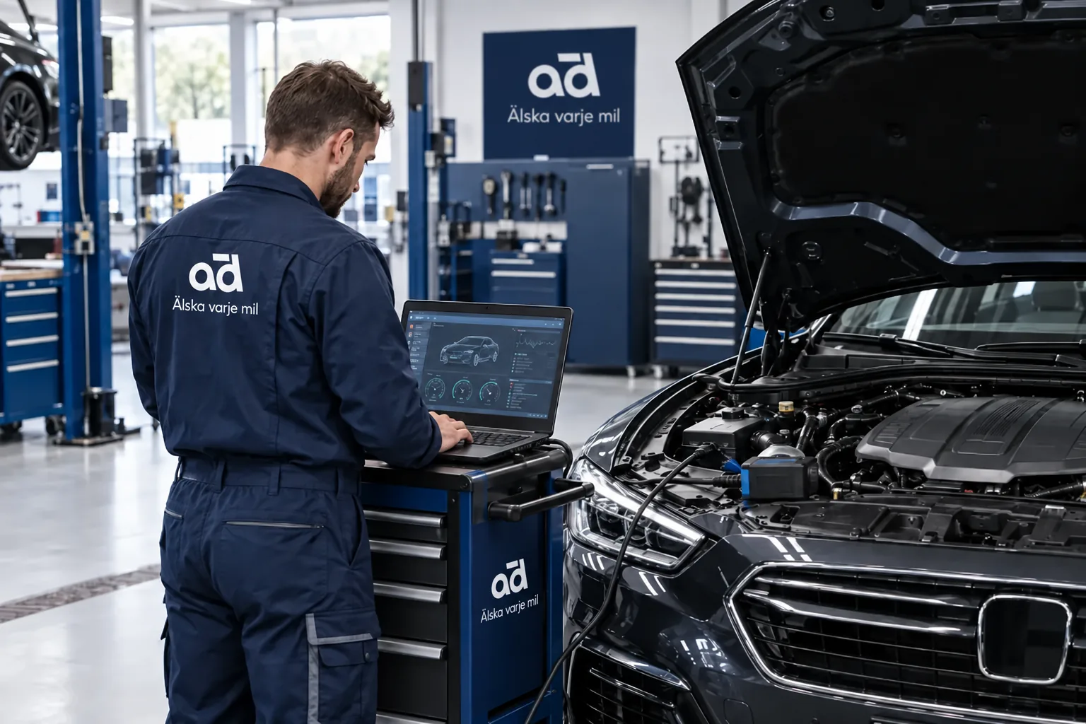 Bilmekaniker utför datorbaserad felsökning på en bil hos Automagnet i Västra Frölunda