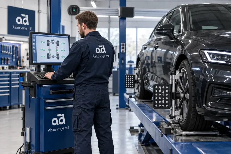 Bilmekaniker utför framhjulsinställning på en bil hos Automagnet i Västra Frölunda