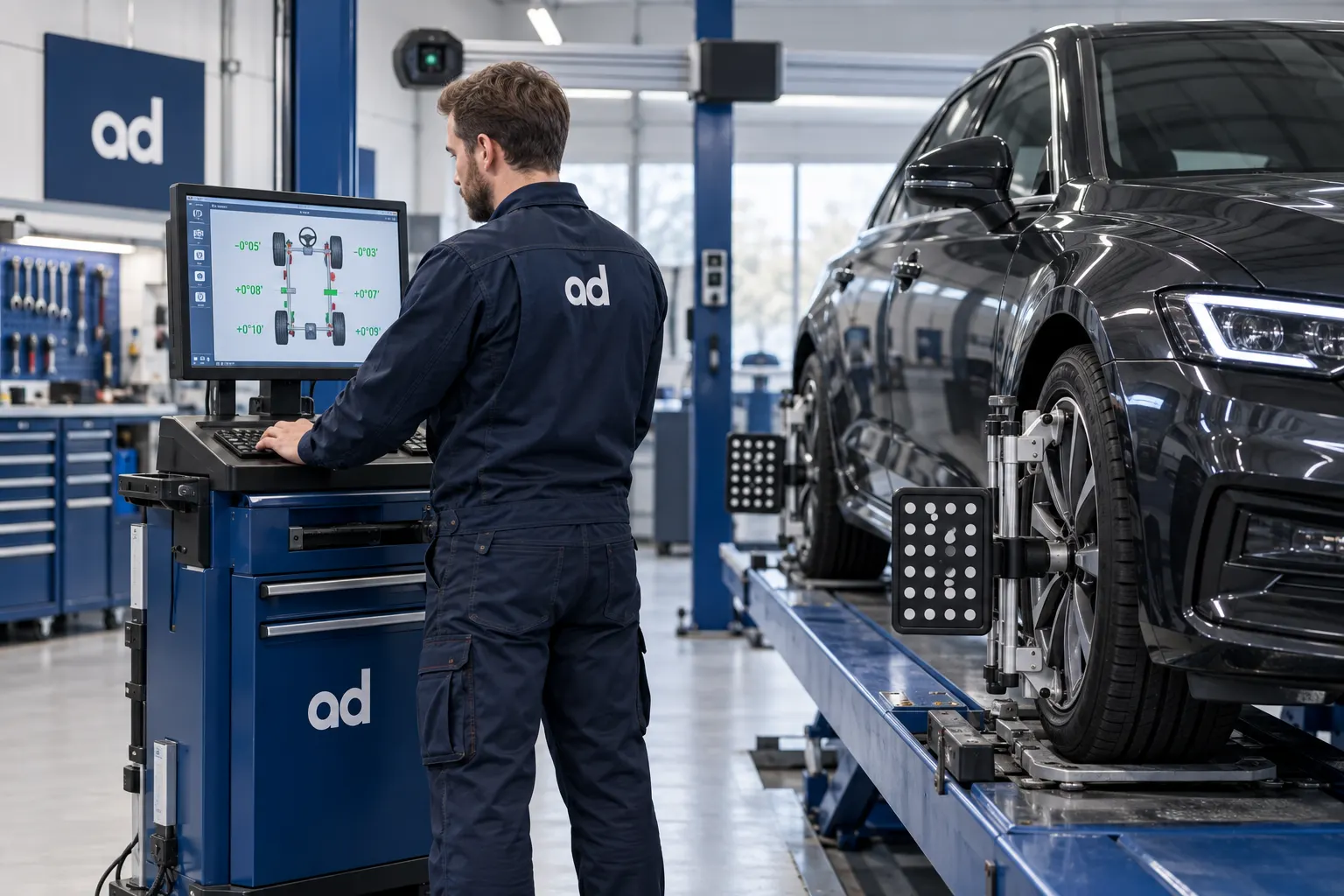 Bilmekaniker utför framhjulsinställning på en bil hos Automagnet i Västra Frölunda