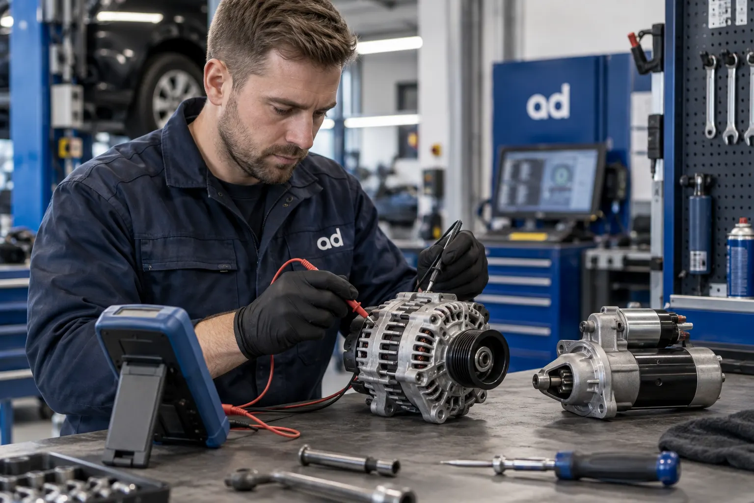 Bilmekaniker testar startmotor och generator hos Automagnet i Västra Frölunda