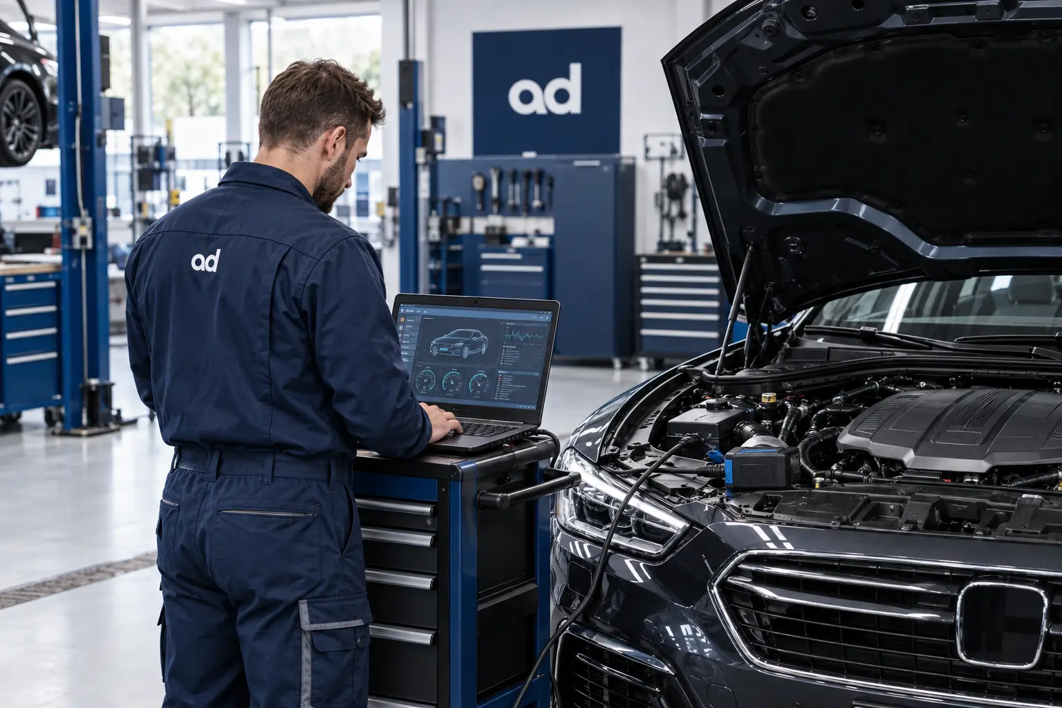 Bilmekaniker utför datorbaserad felsökning på en bil hos Automagnet i Västra Frölunda